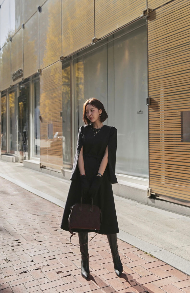 法式斗篷毛呢連身裙