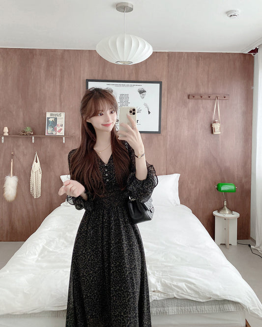 法式碎花收腰連身裙