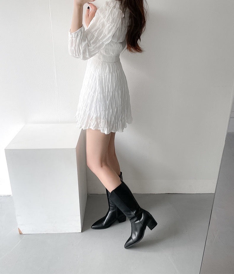 V-neck Pleated Textured Dress