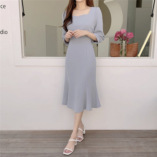 方領收腰魚尾連身裙