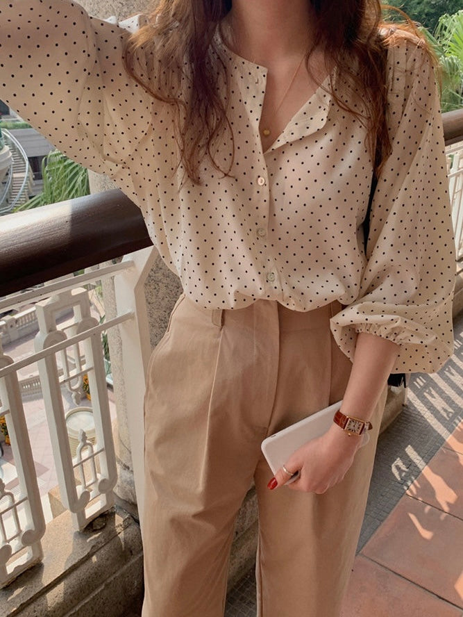 波點燈籠袖恤衫