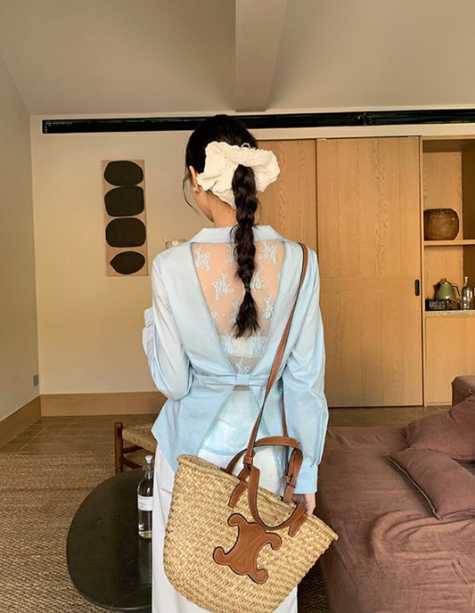 蕾絲拼接露背蝴蝶結恤衫