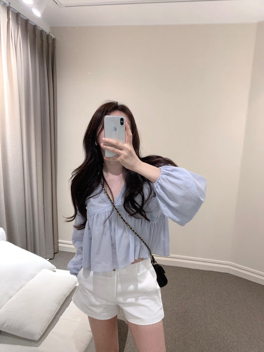 V領蕾絲拼接雪紡恤衫