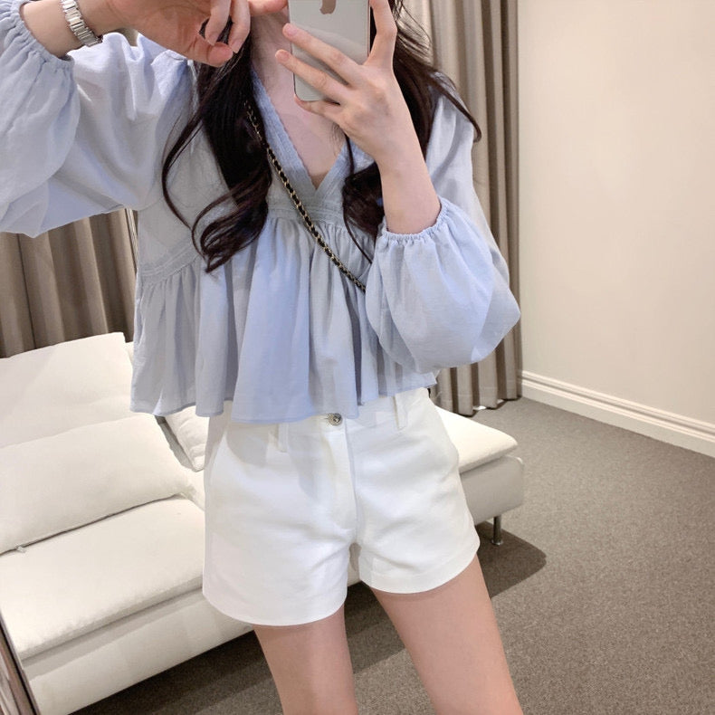 V-neck lace patchwork chiffon blouse