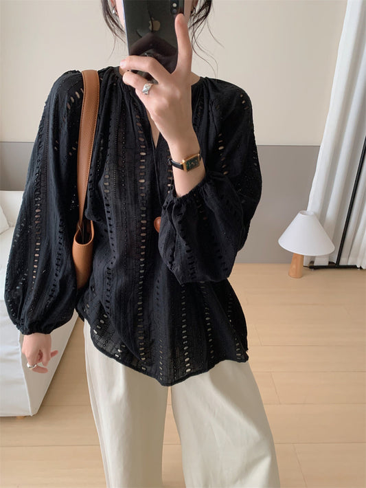 V-neck Embroidered Hollow-out Blouse