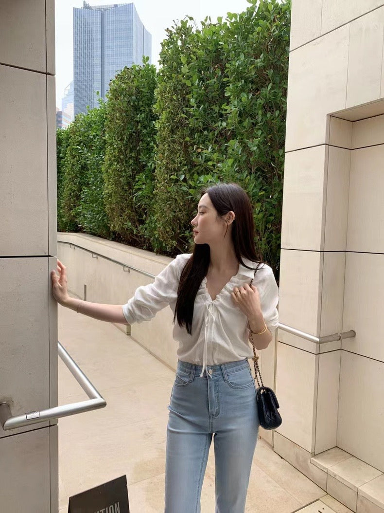 V-neck Drawstring Tie Slimming Blouse