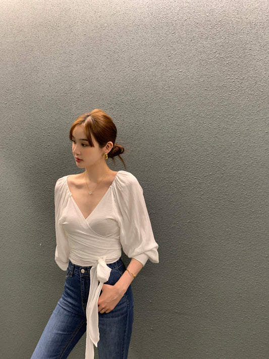 大V領綁帶收腰恤衫