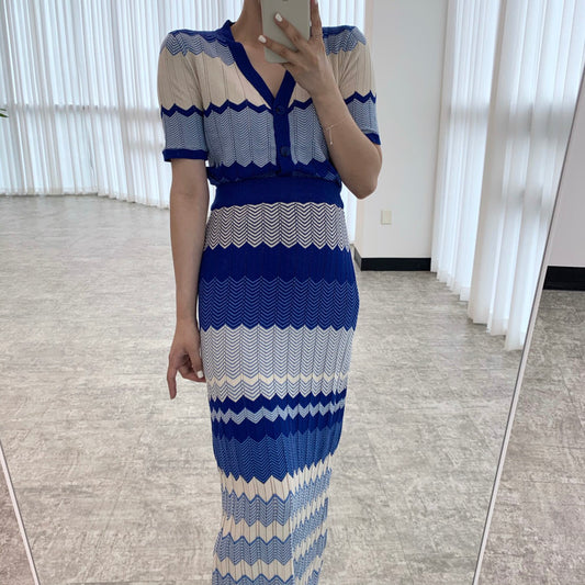 V領撞色波紋針織top+高腰修身包臀半身裙set