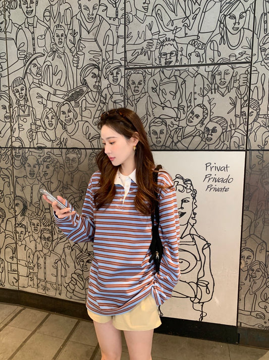 Polo Collar Casual Striped Shirt