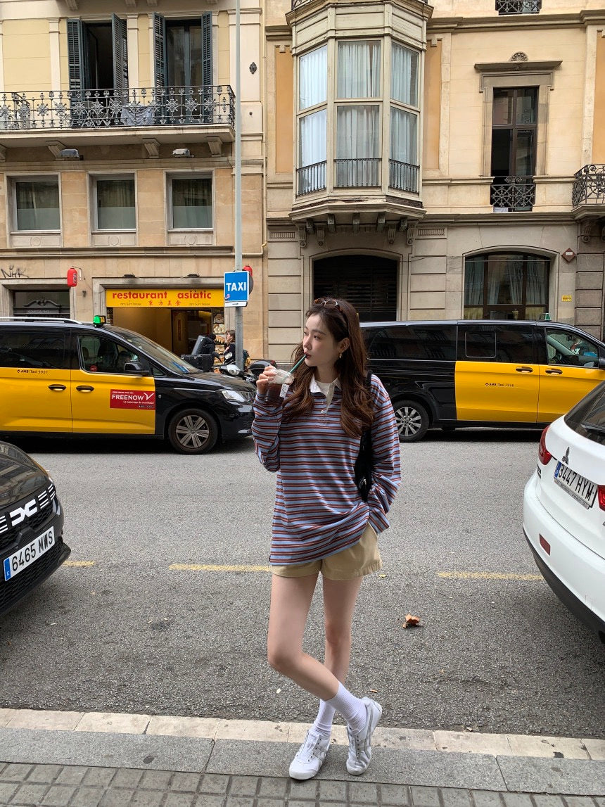 polo領休閒條紋恤衫