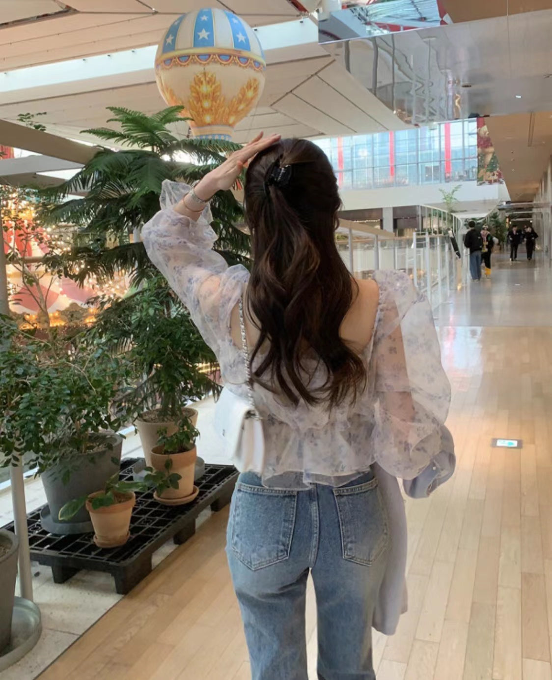 Off-the-shoulder Floral Puff Sleeve Chiffon Top