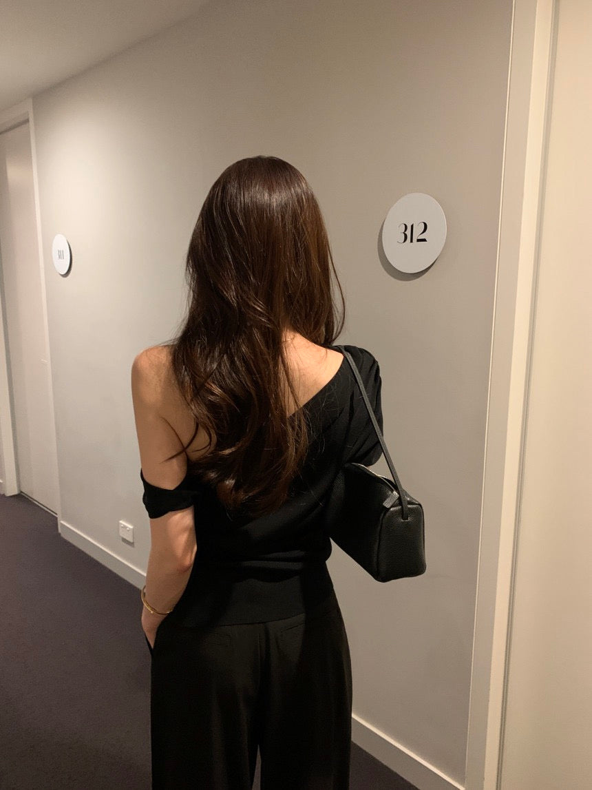 French-style asymmetrical off-shoulder top
