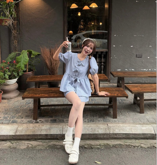 French Bow Tie Blouse + Shorts Set