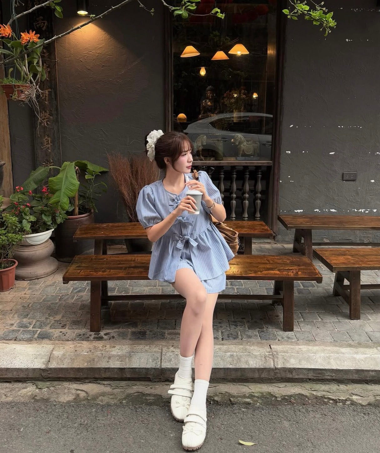 French Bow Tie Blouse + Shorts Set