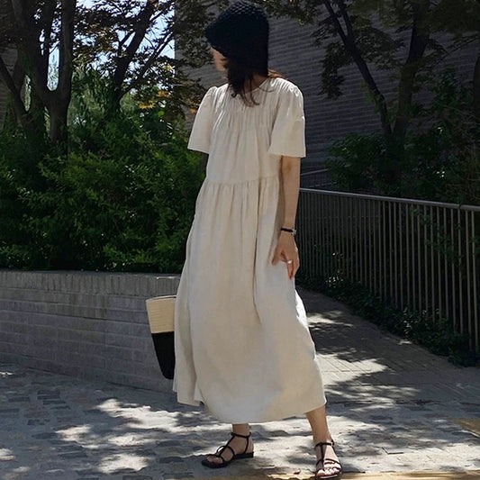 圓領褶皺感棉麻連身裙