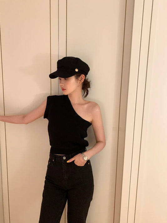 法式露肩無袖針織top