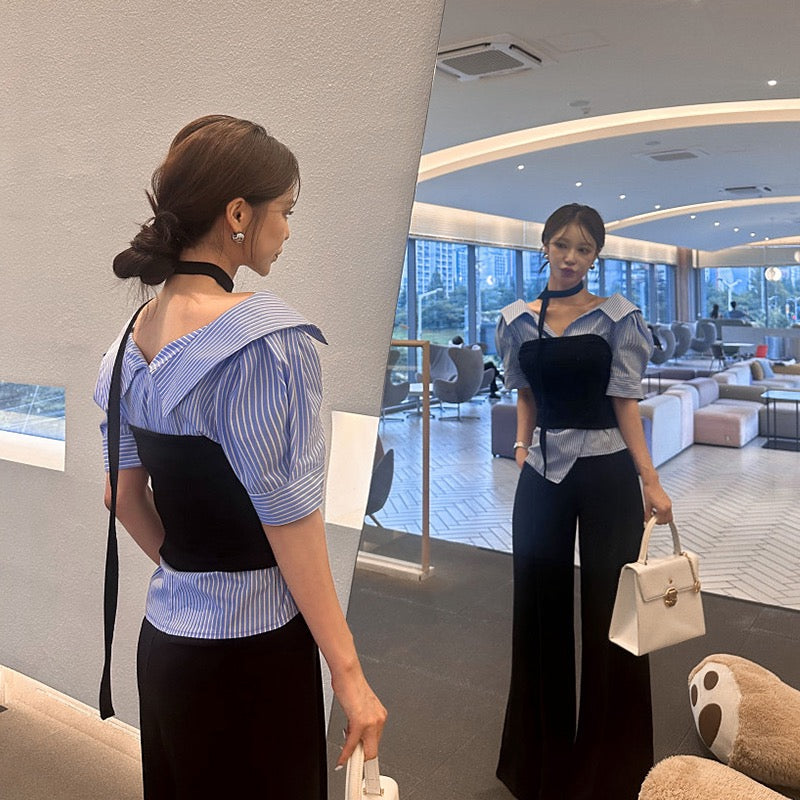 Striped Waist-Slimming Puff Sleeve Blouse