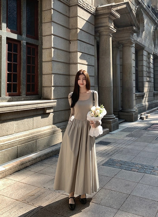 法式方領收腰顯瘦連身裙