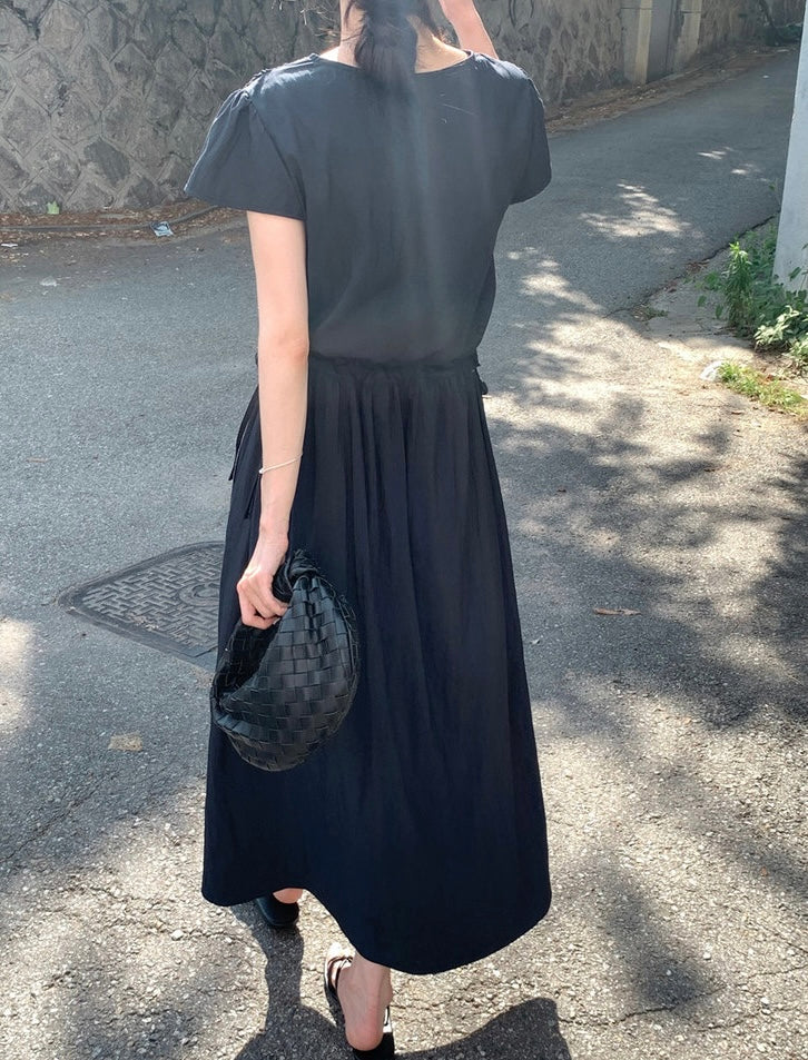 V領抽繩褶皺連身裙