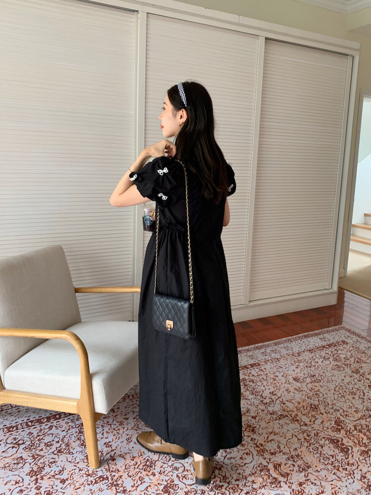 Pearl Bow Ruched Waist Dress