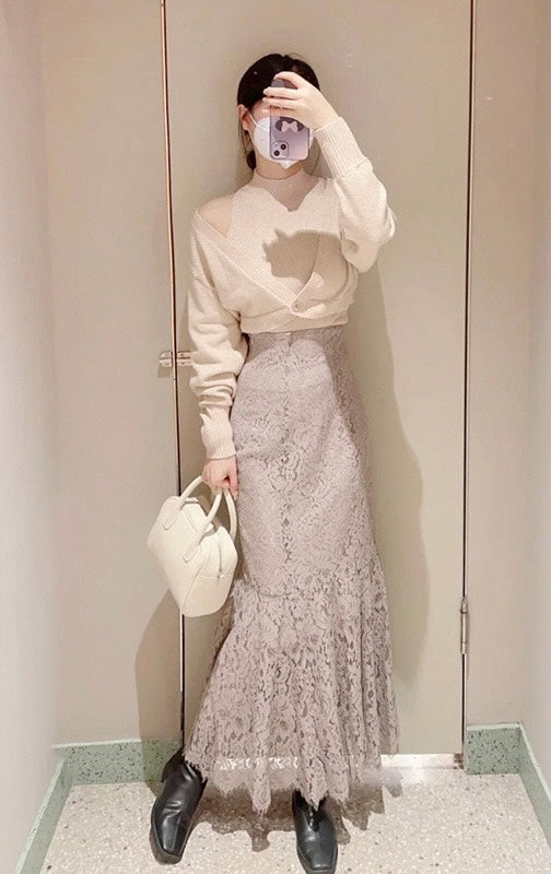 高腰蕾絲魚尾裙