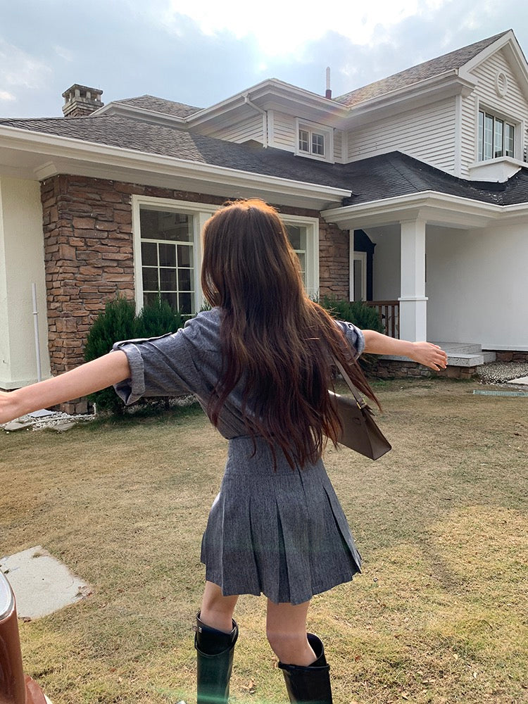 Denim-Look Shirt + Pleated Skirt Set