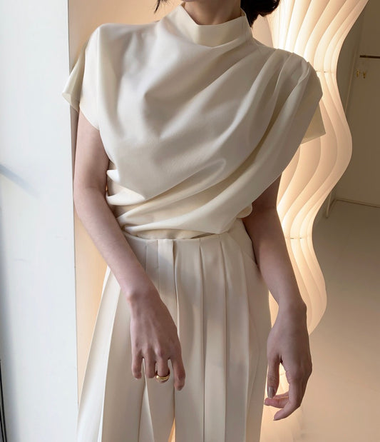 立領斜褶top+高腰褶皺長褲set