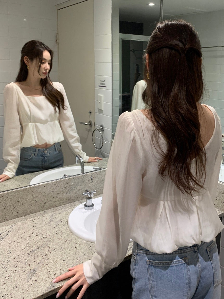 Square Neck Puff Sleeve Chiffon Blouse