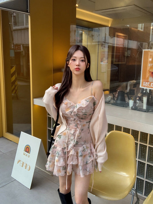 French Ruffle Floral Spaghetti Strap Dress