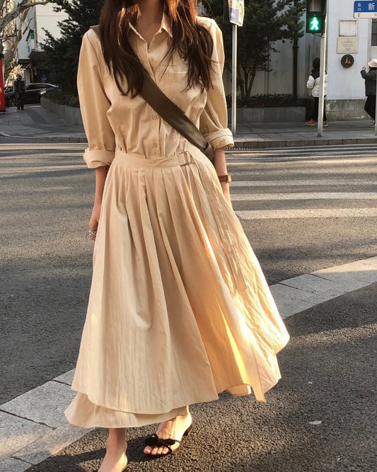 百褶系帶收腰假兩件恤衫裙