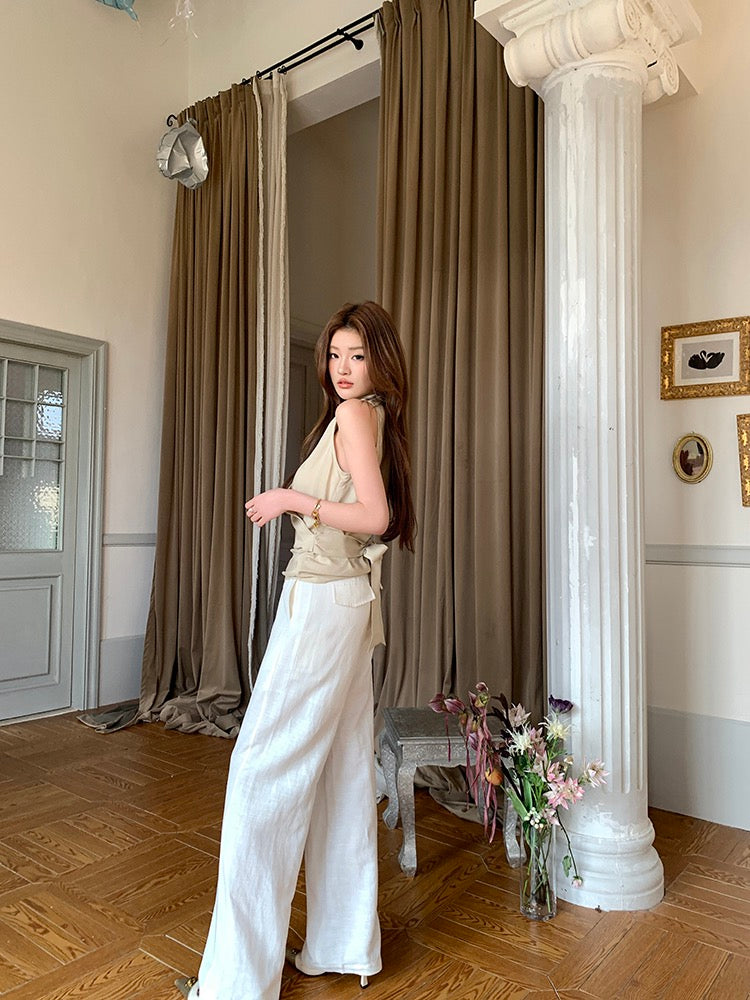 V領背心綁帶top+休閒長褲set