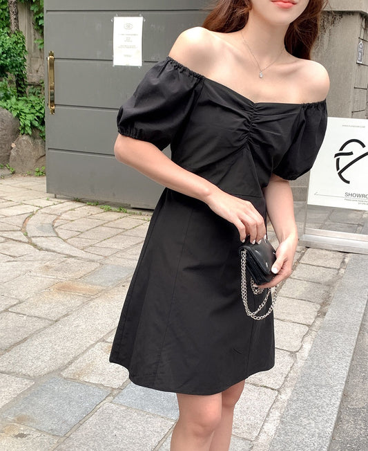 一字領V領兩穿收腰連身裙