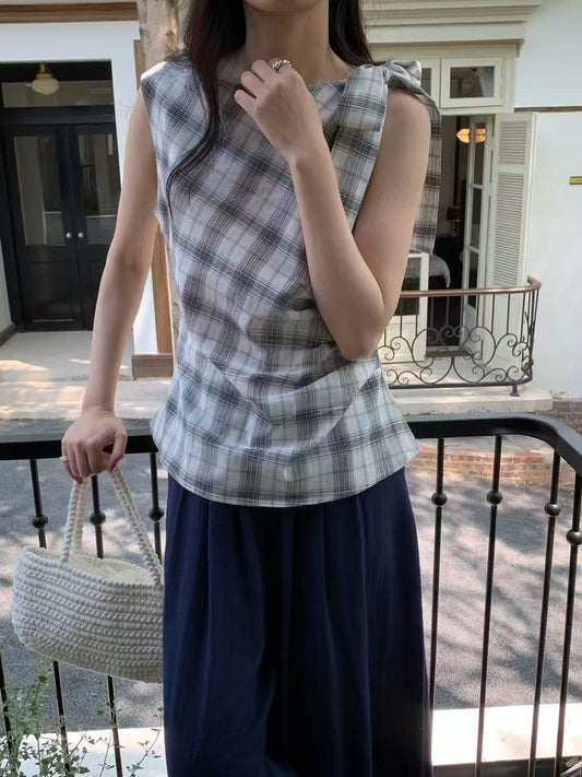 斜肩系帶蝴蝶結格紋背心