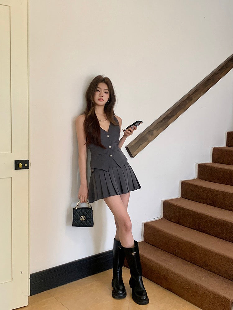 Vintage Preppy Style Vest + Pleated Skirt Set