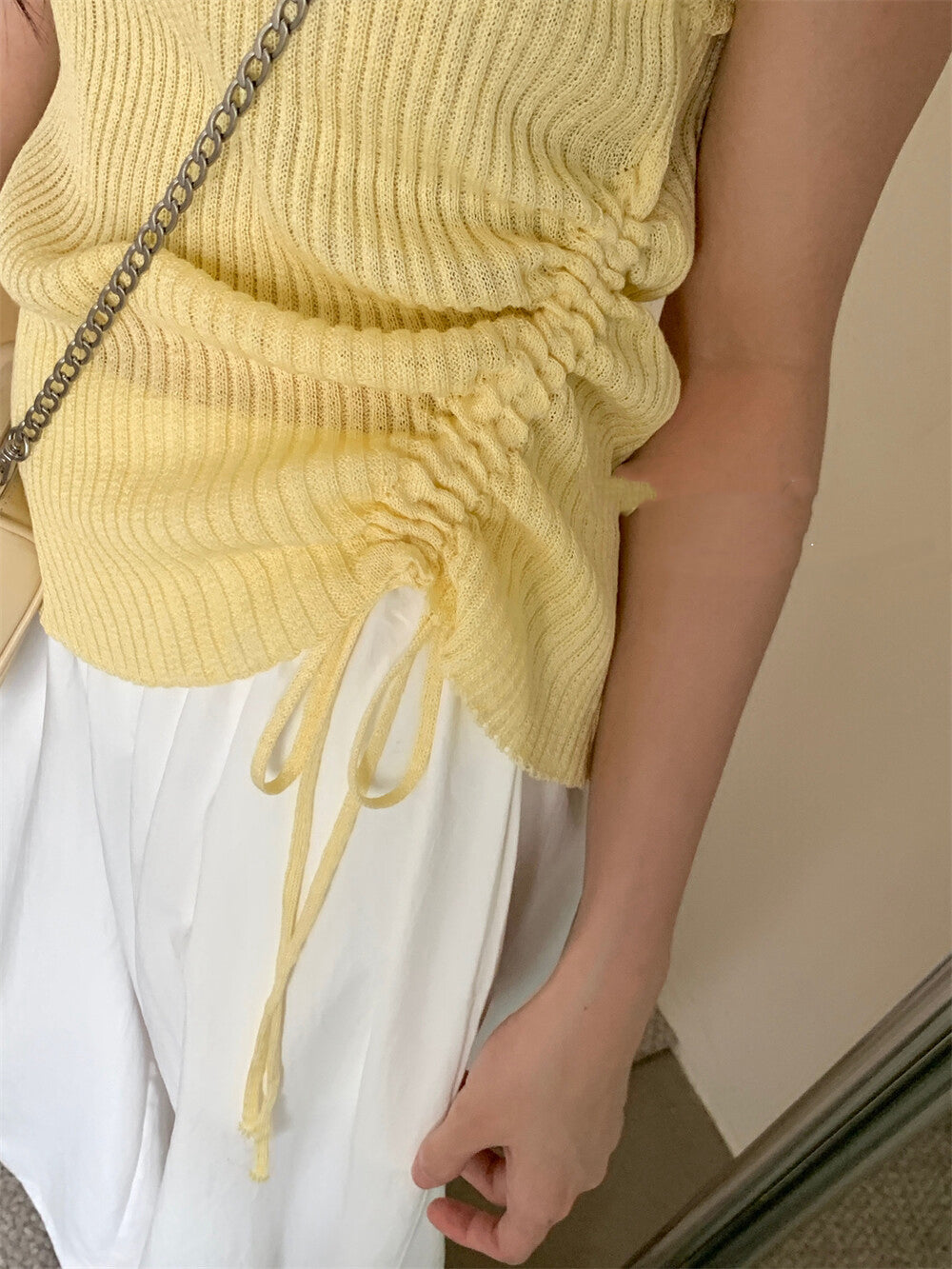 Flutter Sleeve Side Drawstring Knit Top