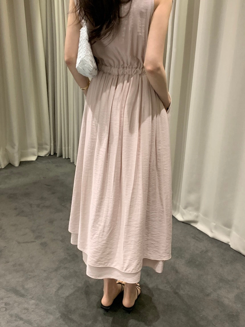 Sleeveless Smocked Waist Dress with Draped Neckline