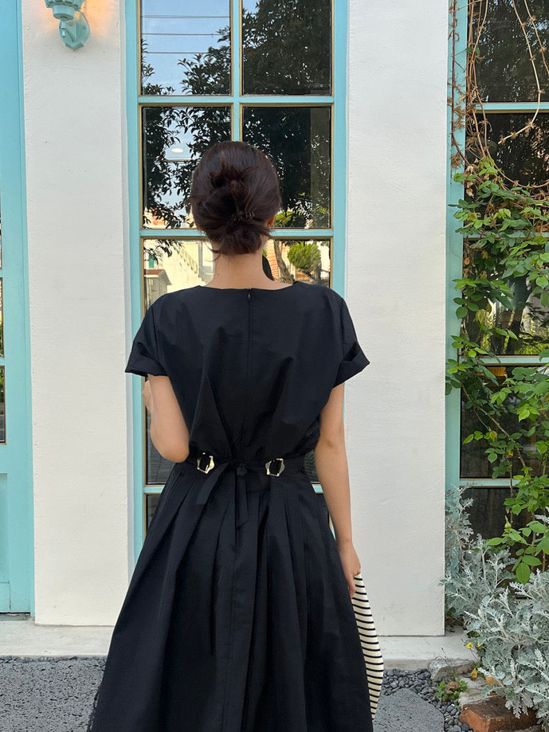 Pleated Waist Cinched Round Neck Dress