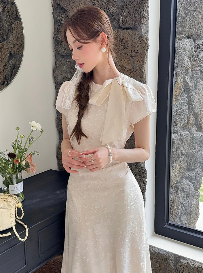 Tie-Bow Embroidered Jacquard Dress