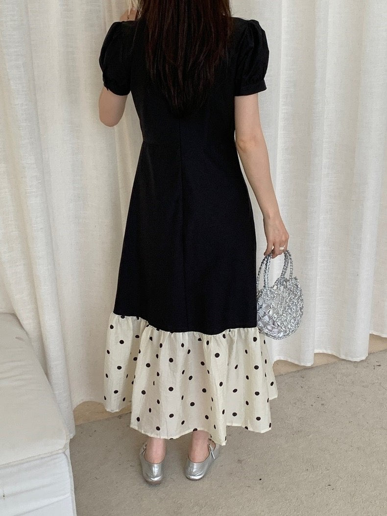 圓領拼接波點魚尾連身裙
