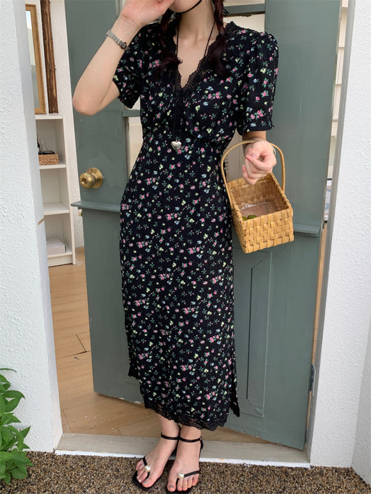 V領碎花收腰連身裙