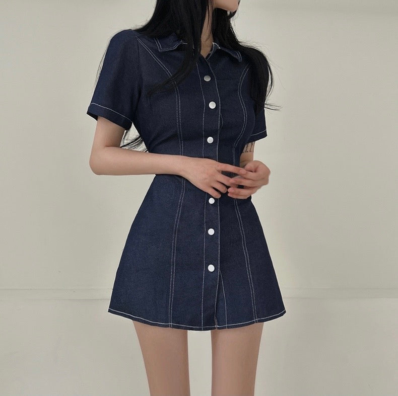 翻領單排扣明顯收腰牛仔連身裙