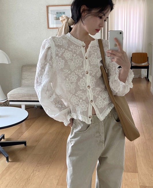 圓領花邊刺繡恤衫