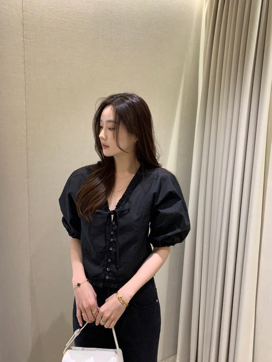 V領木耳邊短袖恤衫