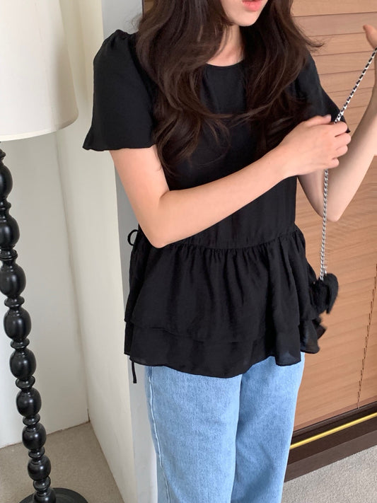 雙層荷葉邊抽繩恤衫