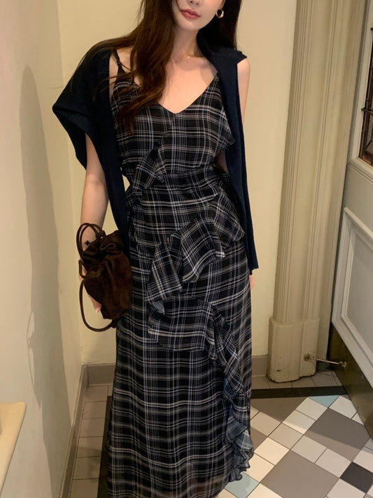 不規則格子荷葉邊連身裙