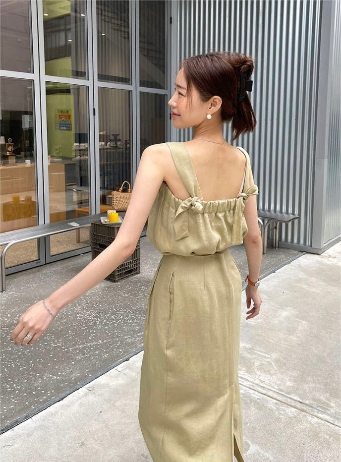 Square Neck Strap Top + High Waist Slit Tie Skirt Set