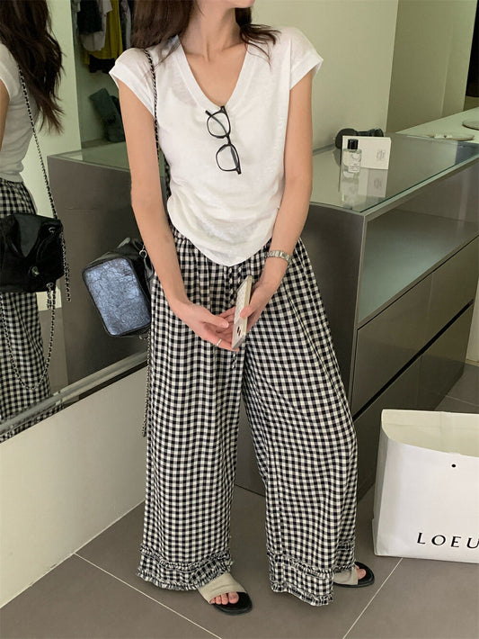 Korean-style ruffle trim wide-leg pants