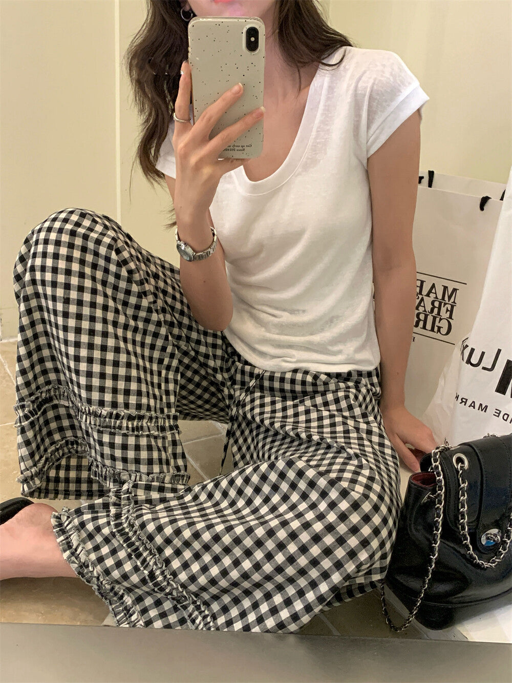 Korean-style ruffle trim wide-leg pants