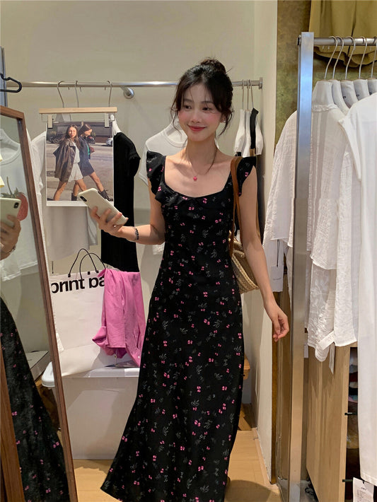 飛飛袖碎花修身連身裙