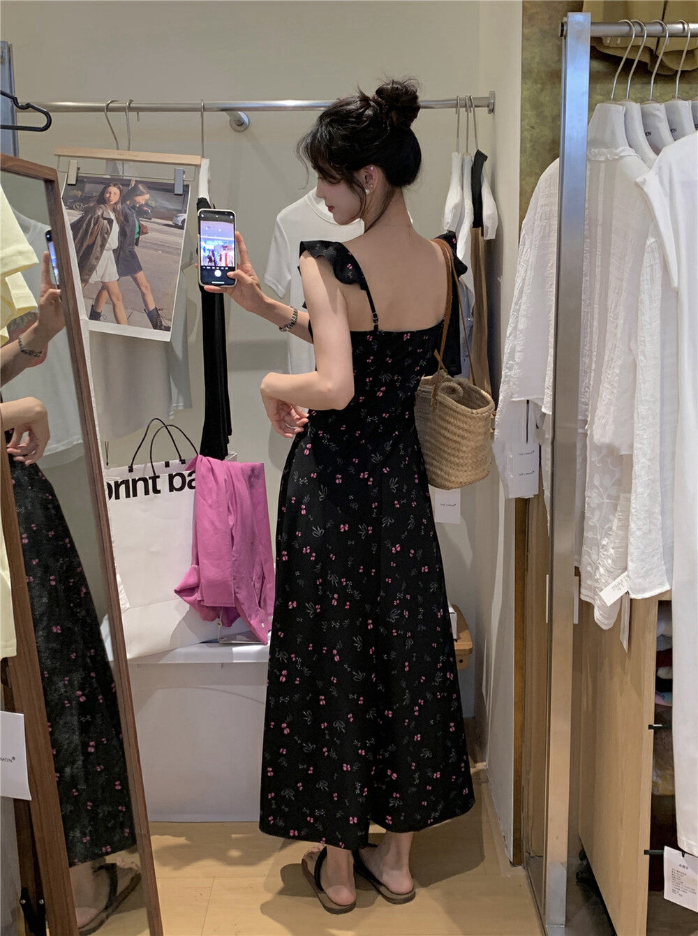 飛飛袖碎花修身連身裙